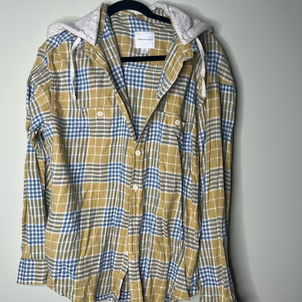 American Eagle Yellow and Blue Hooded Flannel